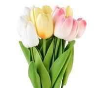 EASYKEENECOM 12 Piezas Tulipanes Artificiales, Toque Real Tulipán Flores Artificiales Flores Falsa por Casa Boda Ramo Fiesta Habitación Arreglo Bricolaje Decoración (Blanco & Rosa & Amarillo)