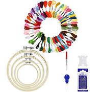 EASYKEENECOM Kit de Inicio de Bordado para Adultos, Aros de Bordado de Bambú de 4 Piezas, Hilos de Bordar 50 Colores, Kit de Herramientas de Punto de Cruz para Adultos Principiantes