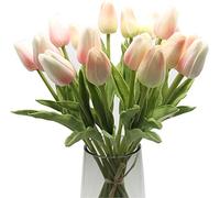EasyLife 20 Tulipanes Artificiales de 32,5 cm, PU Real Touch, Flores Decorativas para Bodas, Hogar, Oficina, Fiesta, Mesa, Jardín, Navidad y Eventos en Interiores y Exteriores(Rosa Blanco y champán)