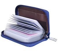 Easyoulife Cartera de piel auténtica con cremallera y 26 ranuras para tarjetas, Azul, S