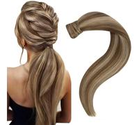 Easyouth Coleta Pelo Natural Humano Castaño Mechas Rubio Miel 14 Pulgada Extensiones Cola Pelo Remy 70g Extensiones de Pelo Coleta para Mujeres