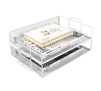 EasyPAG 2 Niveles Metal Malla A4 Bandejas Oficina Apilables Organizador Revistero Almacenamiento Papeles Soporte Archivador Clasificador Documentos Estante Carta,Blanco