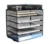 EasyPAG 5 Niveles Metal Malla A4 Bandeja Archivador Organizador Oficina Soporte Documentos Clasificador Papeles Almacenamiento Escritorio Estante Folios con Cajón,Negro