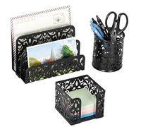 EasyPAG Organizador de escritorio 3 en 1 con patrón de flores huecas talladas, juego de oficina ejecutiva, soporte para clasificador de cartas, soporte para bolígrafos y soporte para notas, color