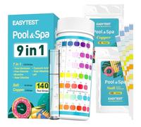 EASYTEST Tiras de prueba de piscina de 9 vías, 140 tiras para jacuzzi y spa, pruebas precisas de pH, cloro total, cloro libre, bromo, alcalinidad, dureza total, ácido cianúrico, sal y cobre