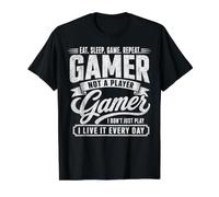 Eat Sleep Game Repeat Gamer, no es un Jugador, lo Vivo Todos los días Camiseta gráfica económica, Hombre, Negro, L