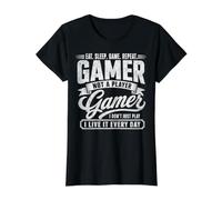 Eat Sleep Game Repeat Gamer, no es un Jugador, lo Vivo Todos los días Camiseta gráfica económica, Mujer, Negro, XS