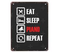 Eat Sleep Piano Repeat Black White Metal Sign Versatile Wall-Art for Bathroom Hallway Entryway Mudroom Minimalist Decor 8 X 12 in
