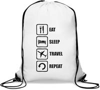 Eat Sleep Travel Repeat Avión Logo Gym Bag Casual Cordón Bolsa Blanco, White, Talla única