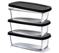 EATEX Sartenes de vidrio para hornear pan casero, 1.9 cuartos de galón, rectangulares de vidrio con tapas, recipientes de alimentos, aptos para microondas y congelador, 3 sartenes de vidrio para pan,