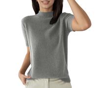 Eauptffy Jersey de manga corta para mujer, cuello alto, elegante, monocolor, corte ajustado, jersey de punto, cuello alto, sudadera básica, parte superior suave, cuello redondo, blusa de punto clásica