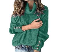 Eauptffy Jersey de punto para mujer, monocolor, cuello de bufanda, botones, otoño, invierno, cálido, cómodo, punto Cosy, O Verde, L
