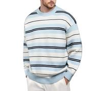 Eauptffy Jersey Herren mit Querstreifenmuster Entspannter Passform Sweater Langärmelig Warm Winterpullover Stripe Rundhalspullover Vintage Gestrickte Strickpullover Weich Strickpulli, O Himmelblau, L