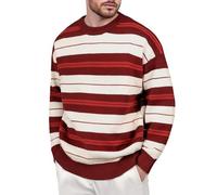 Eauptffy Jersey Herren mit Querstreifenmuster Entspannter Passform Sweater Langärmelig Warm Winterpullover Stripe Rundhalspullover Vintage Gestrickte Strickpullover Weich Strickpulli, O Rot, L