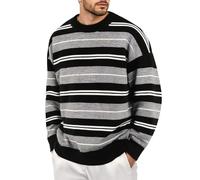 Eauptffy Jersey Herren mit Querstreifenmuster Entspannter Passform Sweater Langärmelig Warm Winterpullover Stripe Rundhalspullover Vintage Gestrickte Strickpullover Weich Strickpulli, O Schwarz, L