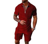 Eauptffy Juego de 2 polos de verano para hombre, 2 piezas, camisa polo + pantalones cortos, cierre de cremallera, traje de verano para golf, tiempo libre, con cremallera en cuartos + pantalones cortos