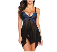 Eauptffy Lencería sexy para mujer, talla sexy, lencería de noche, encaje profundo, cuello en V, ropa de dormir transparente, minifalda de malla, abertura de pechos grandes, conjunto de pijamas