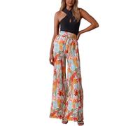 Eauptffy Pantalones Palazzo de pierna ancha para mujer, banda elástica, para el tiempo libre, pantalones largos, bohemios, de cintura alta, pantalones bombachos de los años 80, pantalones bombachos