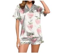Eauptffy Pijama corto para mujer, pijama para mujer, conjunto de pijama de dos piezas, cuello vuelto con botón, ropa de dormir informal ligera de manga corta y pantalones de pijama, negligé estampado