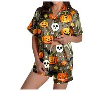 Eauptffy Pijama para niña, mujer, pijama corto, conjunto de dos piezas, ropa de dormir corta, cuello vuelto con botón, ropa de noche, acogedor, informal, manga corta, camisón y bata de baño, estampado