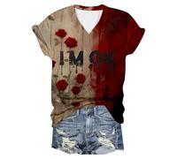 Eauptffy Problem Gelöst Print Damen Halloween T-Shirt V-Ausschnitt Kurzarm Tshirt Blutiges T-Shirts Horror T Shirts bequem atmungsaktiv Tshirts Oberteil mit Blutigem bedrucktes, Q Gold, XXL
