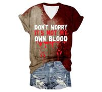 Eauptffy Problem Gelöst Print Damen Halloween T-Shirt V-Ausschnitt Kurzarm Tshirt Blutiges T-Shirts Horror T Shirts bequem atmungsaktiv Tshirts Oberteil mit Blutigem bedrucktes, O rojo1, M