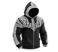Eauptffy Sudadera con cremallera vikinga para hombre, mitología nórdica, tatuajes vikingos, chaqueta con capucha, sudadera punk, sudadera con capucha, sudadera informal con bolsillos, O negro., XXL