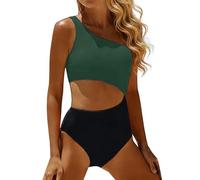 Eauptffy Traje de baño de una pieza para mujer con conflicto de color, hombros descubiertos, adelgazante, con agujero de llave, verano, color puro, realza la figura, transpirable, traje de baño