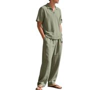 Eauptffy Traje de lino para hombre, traje de verano de dos piezas, traje de ocio ligero, corte regular, traje de verano de manga corta y pantalones largos para el tiempo libre, transpirable, chándal