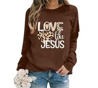Eauptffy Valentine Damen Rundhalsausschnitt Sweatshirt Lässig Langärmig Oberteil mit Leoparden Herz Muster Langarmshirt Dicke Sweatpullover ohne Kapuze Einfarben Pullover Modesch Streetwear, O Marrón