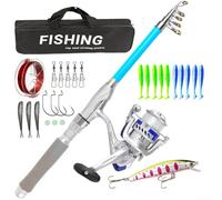 Eawfgtuw Caña de pescar telescópica y carrete para combo, juego de caña de pescar portátil de viaje con relación de engranaje 5.2:1, kit de fibra de vidrio plegable de 1.8 para agua salada y agua