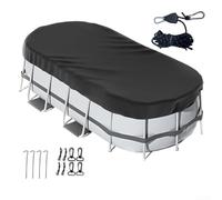 Eawfgtuw Cubierta ovalada para alberca sobre el suelo, resistente a la intemperie, protector de escombros con trinquete de ajuste rápido para piscinas, color negro, 1 juego