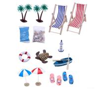 Eawfgtuw Juego de 14 adornos en miniatura con temática de playa con cocoteros, sombrillas, sillas de salón, arena, barco y tortuga marina para jardín de hadas, escritorio o decoración del hogar