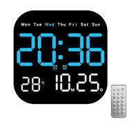 Eawfgtuw Reloj de pared digital con pantalla LED grande, visualización de día, fecha y temperatura, brillo ajustable, función de temporizador, control remoto, alimentado por USB (azul)