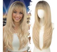 Eawwii Peluca larga rubia con flequillo para mujer, de raíz oscura a rubia, cuero cabelludo realista de 4 x 4, separación libre, peinado sintético en capas, resistente al calor, para uso diario en