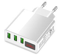 Eaxus®️ Fuente de alimentación USB 3A - Cargador de 3 Puertos con Pantalla LCD y función de Carga rápida, Blanco