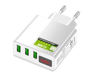 Eaxus® Fuente de alimentación USB 3A - Cargador de 3 Puertos con Pantalla LCD y función de Carga rápida, Blanco