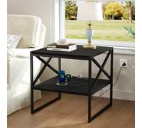 EAZEHAOD Mesa auxiliar cuadrada de 61 cm con estación de carga para sala de | Mesa auxiliar cuadrada de 61 x 61 cm, mesita de noche con estante de almacenamiento de 2 niveles para sala de estar