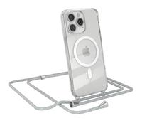 EAZY CASE - Cadena para móvil Compatible con iPhone 15 Pro MAX, Cadena para Colgar, Funda de teléfono a Prueba de Impactos, Funda de Silicona con Correa en Gris/Blanco - Clips Plata