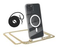 EAZY CASE - Cadena para móvil iPhone 15 Plus Cadena para Colgar Funda antigolpes para móvil Funda de Silicona y Correa Protección contra caídas Transparente y Partes en Metal en Oro