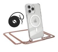 EAZY CASE - Cadena para móvil iPhone 15 Pro MAX Cadena para Colgar Funda antigolpes para móvil Funda de Silicona y Correa Protección contra caídas Transparente y Partes en Metal en Oro Rosado