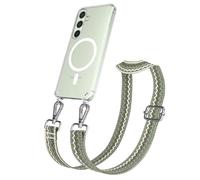 EAZY CASE Cadena para teléfono móvil - Correa Ajustable Compatible con Galaxy S24 Bandolera Cordón Compatible con estándar de Carga Qi Bolso de Hombro en Ondas - Verde Beige Metal Plata