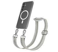 EAZY CASE Cadena para teléfono móvil - Correa Ajustable Compatible con Galaxy S24 Plus Bandolera Cordón Compatible con estándar de Carga Qi Bolso de Hombro en Ondas - Beige Azul Metal Plata