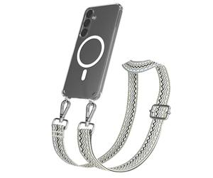 EAZY CASE Cadena para teléfono móvil - Correa Ajustable Compatible con Galaxy S24 Plus Bandolera Cordón Compatible con estándar de Carga Qi Bolso de Hombro en Ondas - Beige Azul Metal Plata