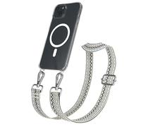 EAZY CASE Cadena para teléfono móvil - Correa Ajustable Compatible con iPhone 15 Plus Bandolera Cordón Compatible con estándar de Carga Qi Bolso de Hombro en Ondas - Beige Azul Metal Plata