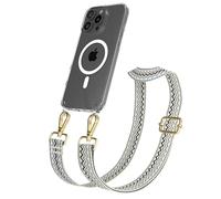 EAZY CASE Cadena para teléfono móvil - Correa Ajustable Compatible con iPhone 16 Pro MAX Bandolera Cordón Compatible con estándar de Carga Qi Bolso de Hombro en Ondas - Beige Azul Metal Oro