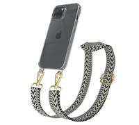 EAZY CASE Cordón para teléfono Compatible con iPhone 15 Correa Ajustable Funda de Silicona con Correa para el Hombro, Funda Collar para teléfono, Zigzag - Verde Negro Metal Oro