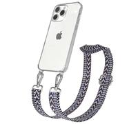 EAZY CASE Cordón para teléfono Compatible con iPhone 15 Pro MAX Correa Ajustable Funda de Silicona con Correa para el Hombro, Funda Collar para teléfono, Zigzag - Azul Blanco Metal Plata