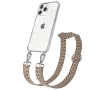 EAZY CASE Cordón para teléfono Compatible con iPhone 15 Pro MAX Correa Ajustable Funda de Silicona con Correa para el Hombro, Funda Collar para teléfono, Zigzag - Marrón Claro Marrón Metal Plata