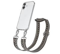 EAZY CASE Cordón para teléfono Compatible con iPhone 16 Correa Ajustable Funda de Silicona con Correa para el Hombro, Funda Collar para teléfono, Zigzag - Gris Negro Metal Plata